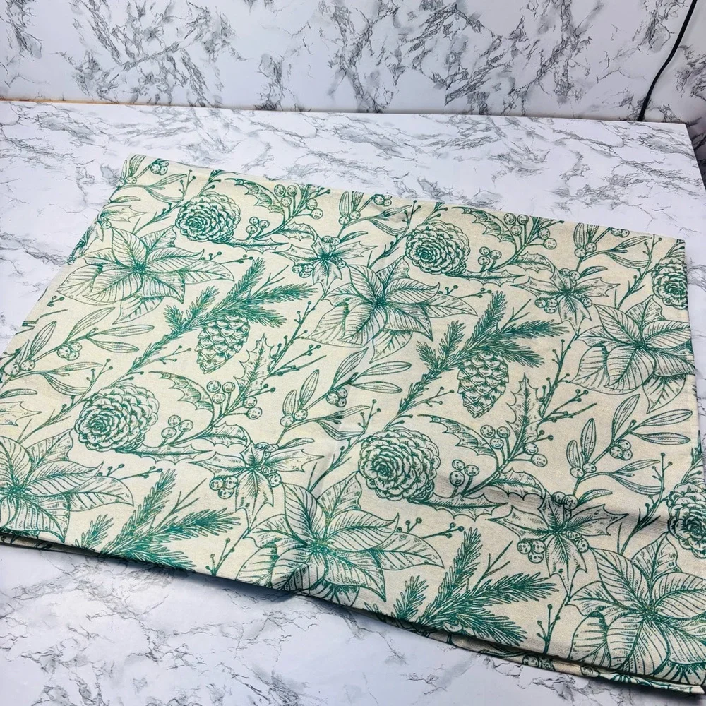 Floral Green Metallic Pinecone Poinsettia Dining Cloth Linen